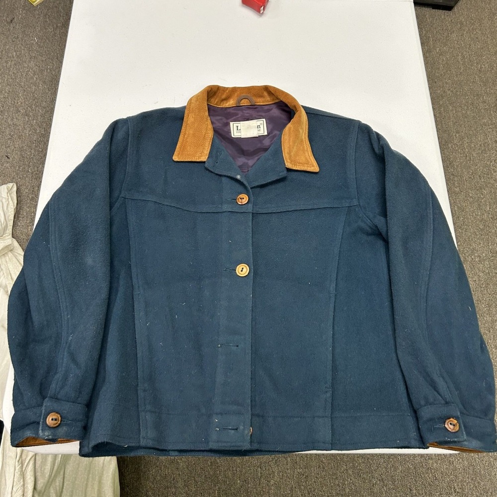 LL Bean Wool Jacket Womens Medium Blue Suede Collar Vintage Barn Coat